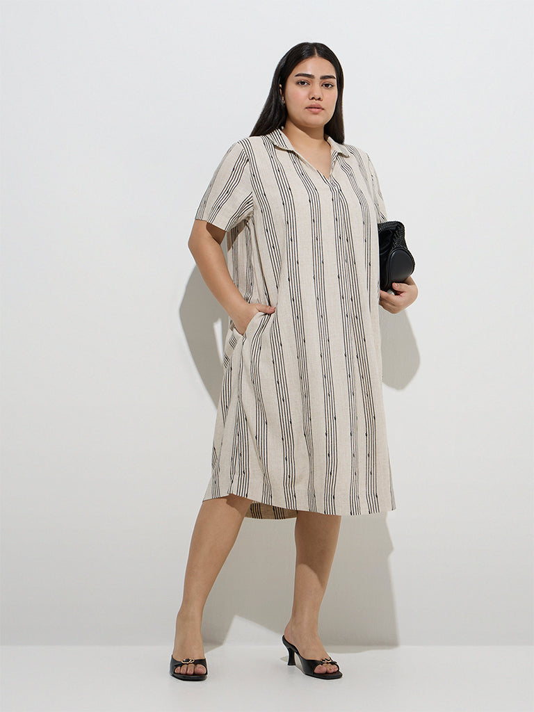 Gia Beige Stripe Printed A-Line Dress