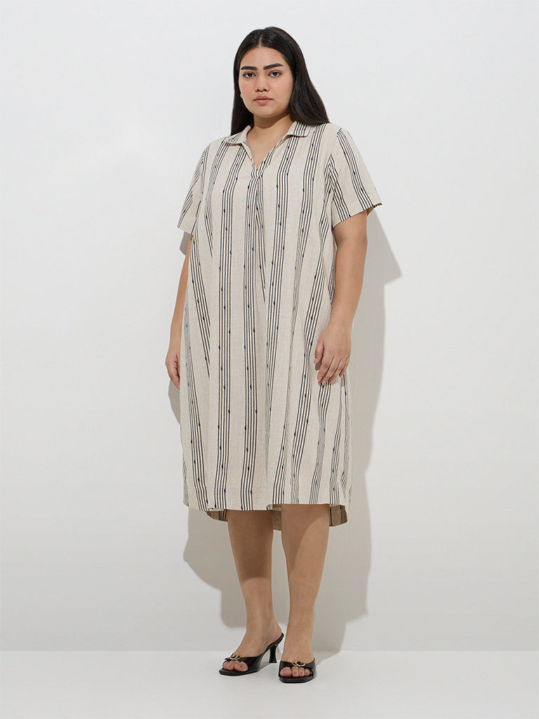 Gia Beige Stripe Printed A-Line Dress - Image 2