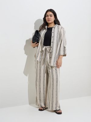 Gia Beige Stripe Printed High-Rise Cotton-Blend Trousers