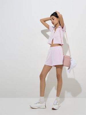 Studiofit Pink Textured High-Rise Cotton-Blend Shorts