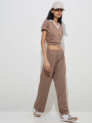 Studiofit Taupe Self-Textured T-Shirt