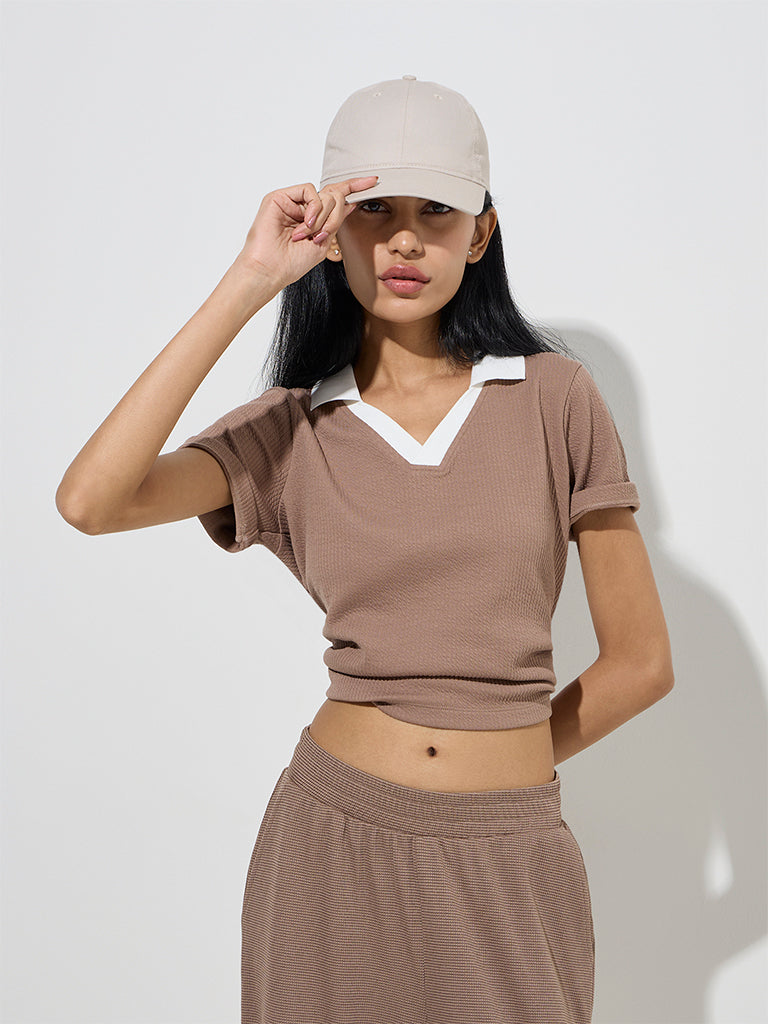 Studiofit Taupe Self-Textured T-Shirt - Image 2