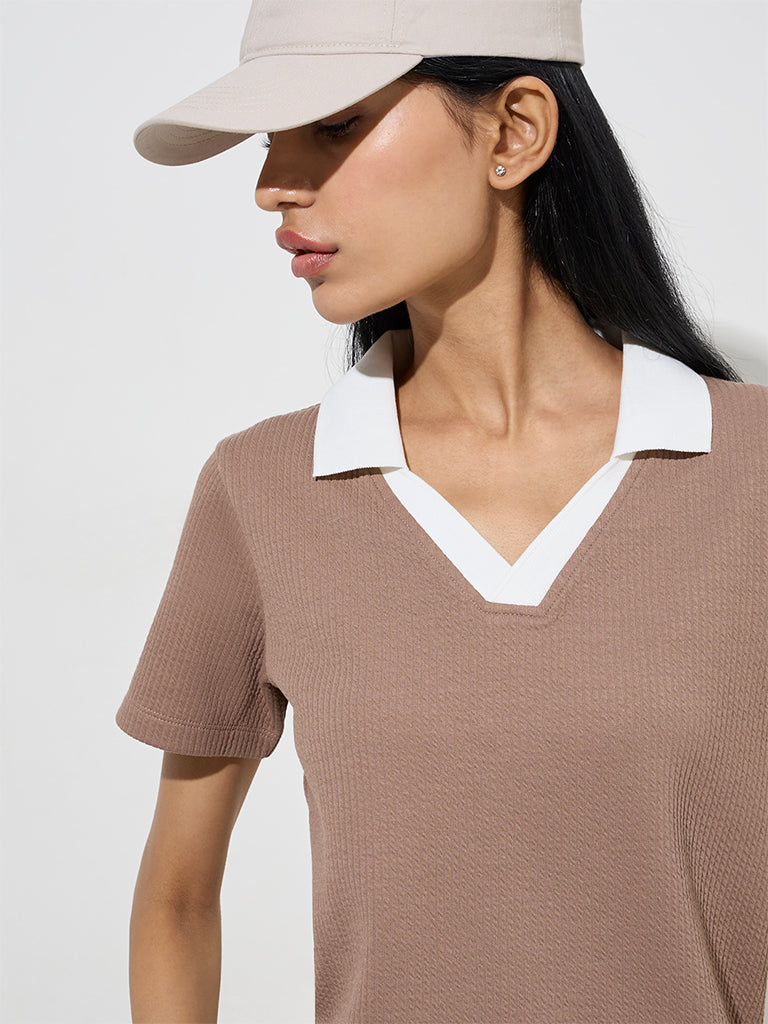 Studiofit Taupe Self-Textured T-Shirt - Image 3