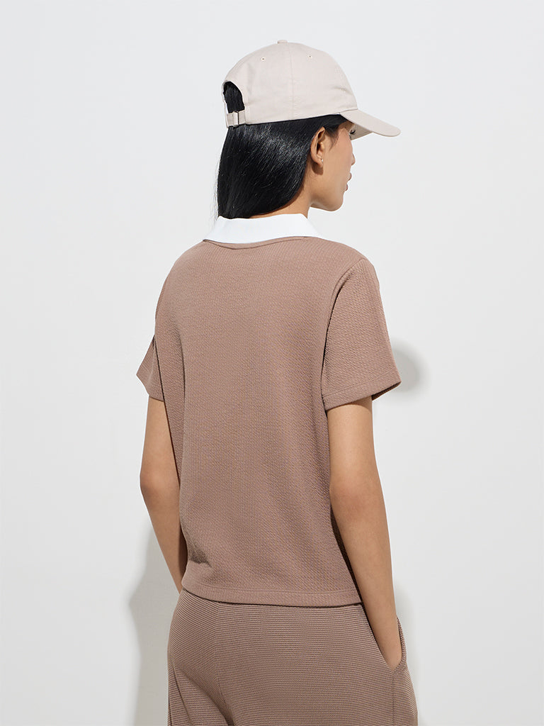 Studiofit Taupe Self-Textured T-Shirt - Image 4