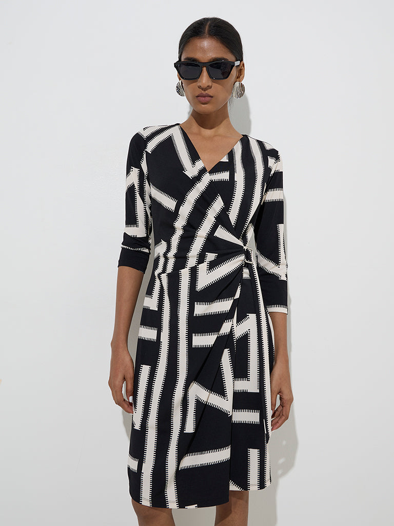 Wardrobe Black Geometric Pattern Wrap-Style Dress - Image 3