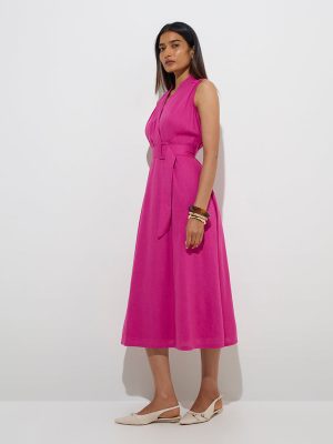 Wardrobe Magenta Solid A-Line Dress with Belt