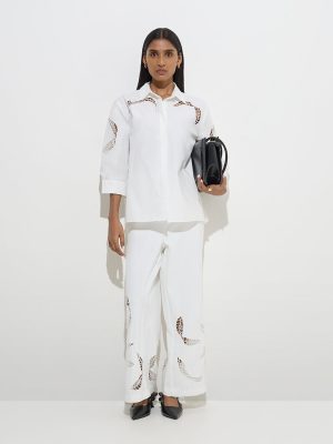 Wardrobe White Leaf Design High-Rise Trousers