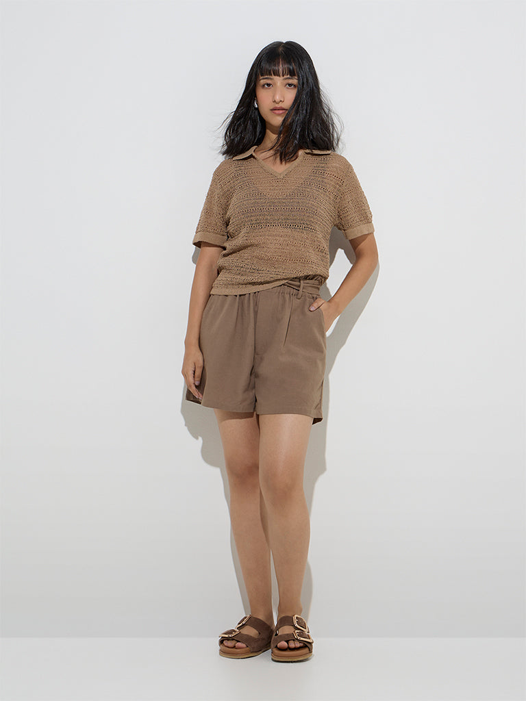 LOV Brown Knit-Textured Cotton-Blend Top - Image 2
