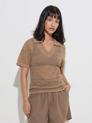 LOV Brown Knit-Textured Cotton-Blend Top