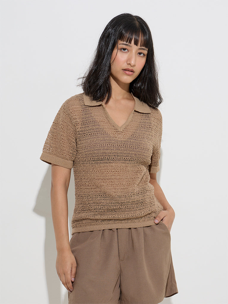 LOV Brown Knit-Textured Cotton-Blend Top