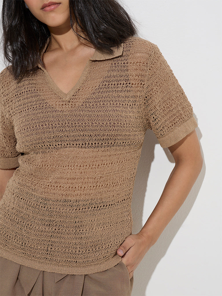 LOV Brown Knit-Textured Cotton-Blend Top - Image 3