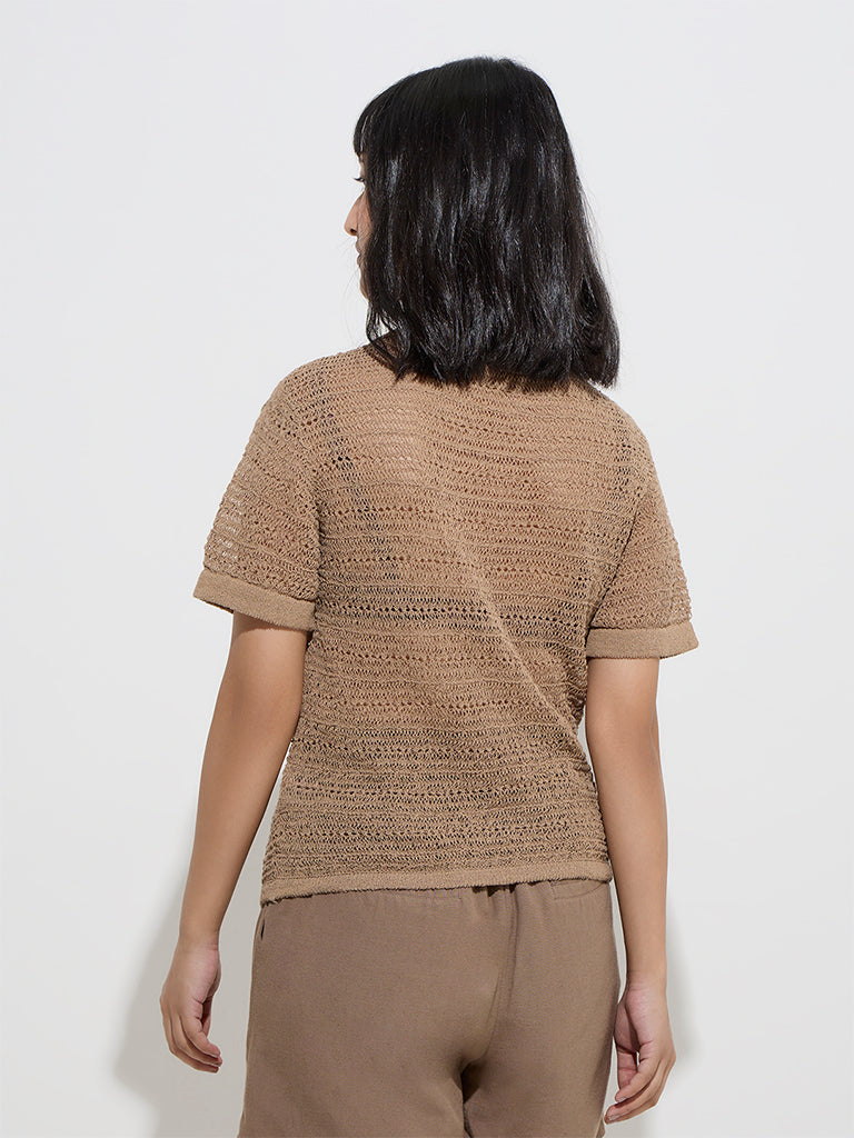 LOV Brown Knit-Textured Cotton-Blend Top - Image 4