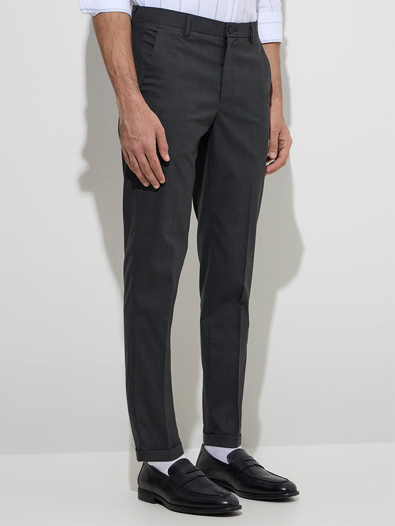 WES Formals Black Checkered Relaxed-Fit Mid-Rise Trousers - Image 3