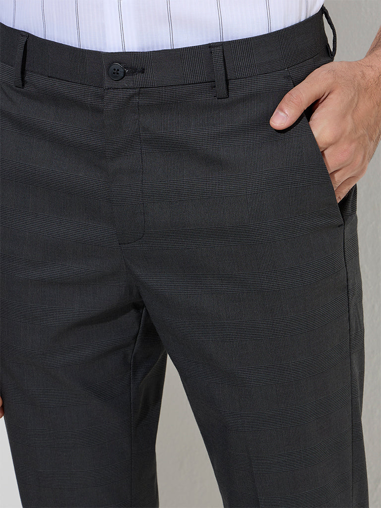 WES Formals Black Checkered Relaxed-Fit Mid-Rise Trousers - Image 4