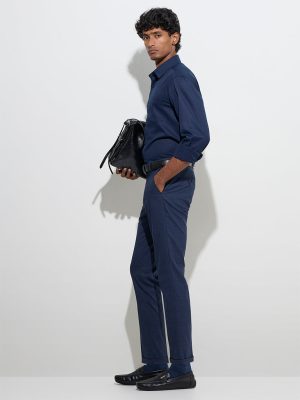 WES Formals Navy Relaxed-Fit Mid-Rise Trousers