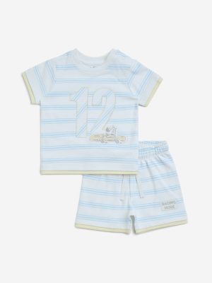 HOP Baby White Striped Cotton T-Shirt with Shorts Set