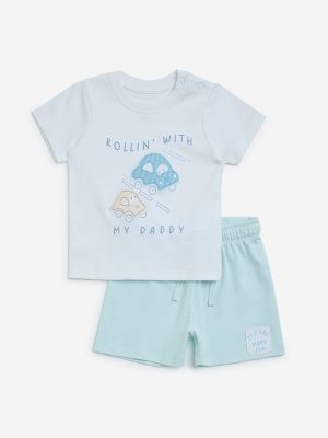 HOP Baby Mint Text Design Cotton T-Shirt with Shorts Set