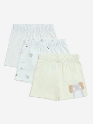 HOP Baby White Printed Cotton Shorts - Pack of 3