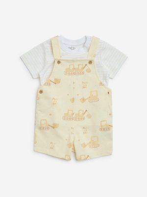HOP Baby Yellow Printed Cotton Dungaree with T-Shirt Set
