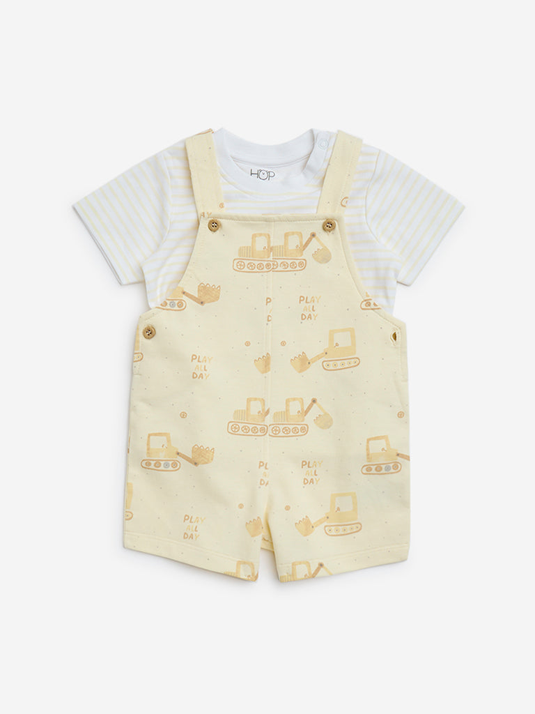 HOP Baby Yellow Printed Cotton Dungaree with T-Shirt Set