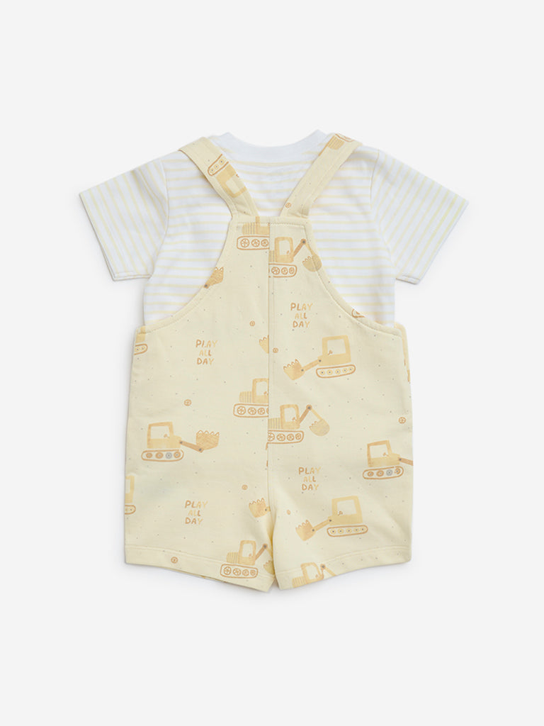 HOP Baby Yellow Printed Cotton Dungaree with T-Shirt Set - Image 2