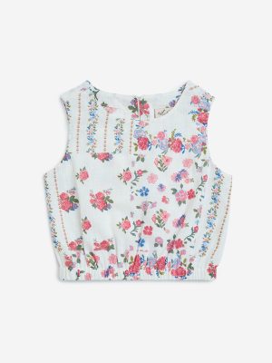 Utsa Kids White Floral Cotton Ethnic Top - (2-8yrs)