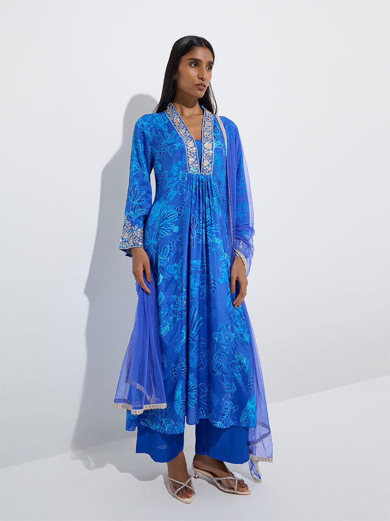 Vark Blue Printed A-Line Kurta. Palazzos and Dupatta Set