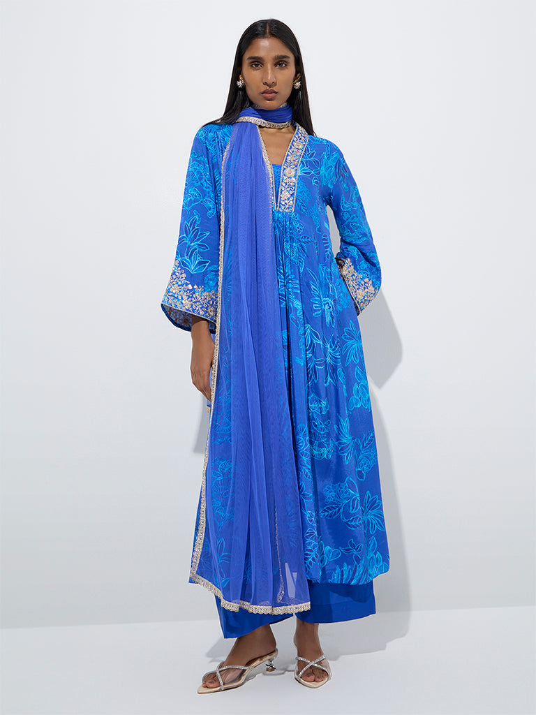 Vark Blue Printed A-Line Kurta. Palazzos and Dupatta Set - Image 2