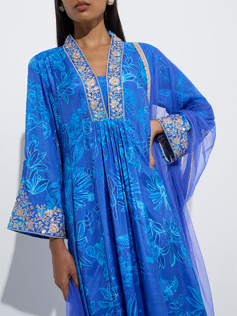 Vark Blue Printed A-Line Kurta. Palazzos and Dupatta Set - Image 3