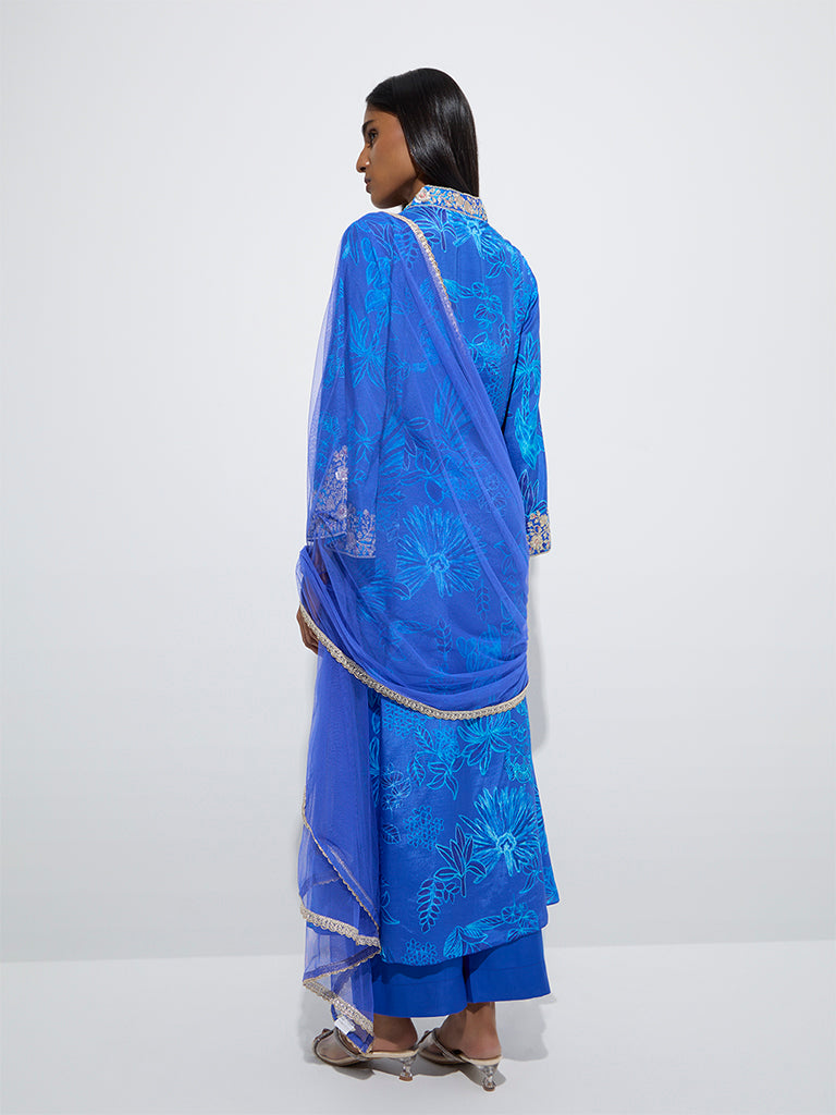Vark Blue Printed A-Line Kurta. Palazzos and Dupatta Set - Image 4