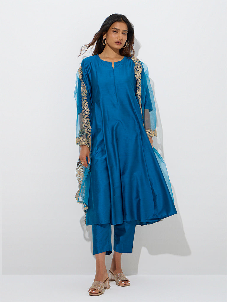 Vark Dark Blue A-Line Kurta. Ethnic Pants and Dupatta Set