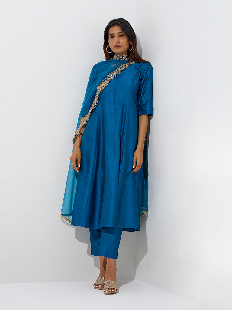 Vark Dark Blue A-Line Kurta. Ethnic Pants and Dupatta Set - Image 2