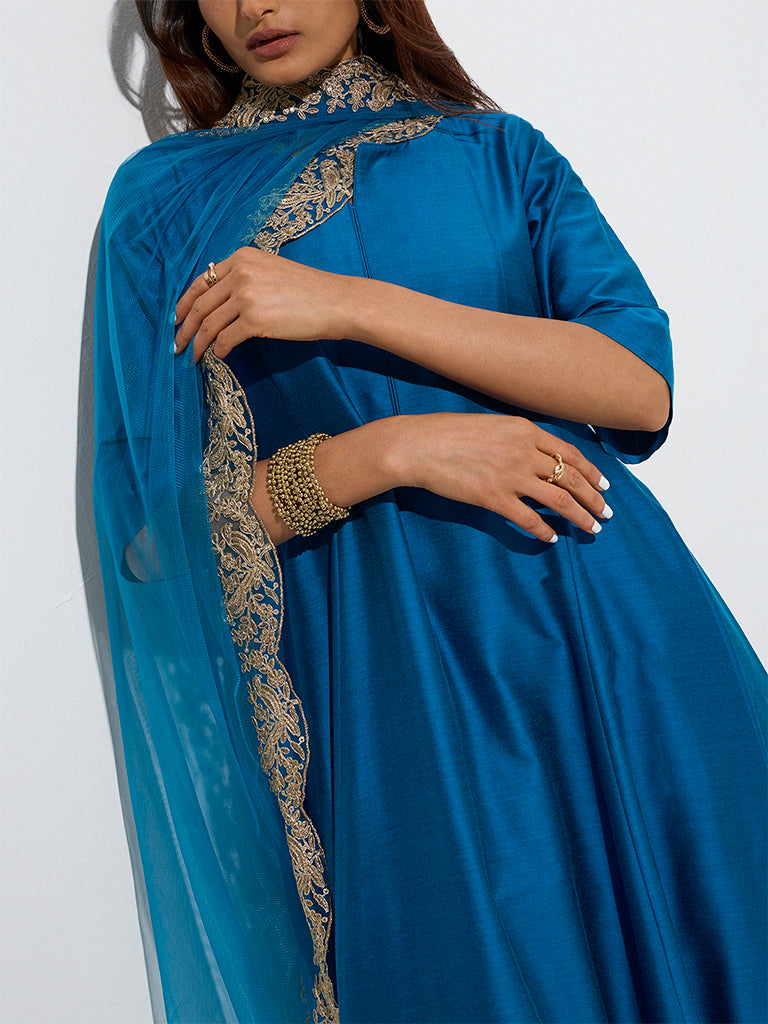 Vark Dark Blue A-Line Kurta. Ethnic Pants and Dupatta Set - Image 3