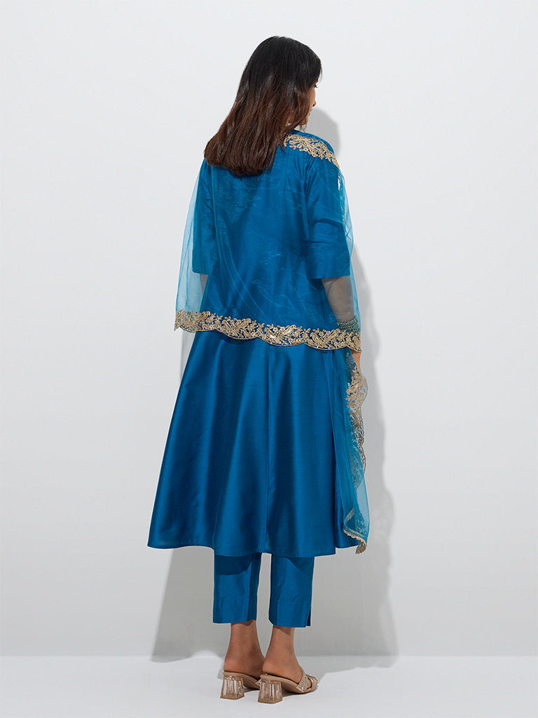 Vark Dark Blue A-Line Kurta. Ethnic Pants and Dupatta Set - Image 4