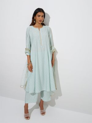 Vark Mint Printed A-Line Kurta. Palazzos and Dupatta Set