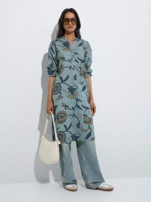 Utsa Blue Floral Printed Cotton Straight Kurta