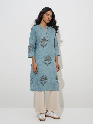 Utsa Blue Floral Design Straight Cotton Kurta