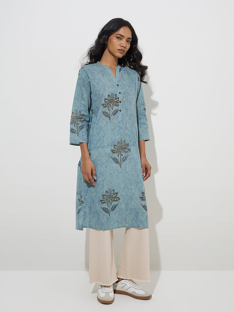 Utsa Blue Floral Design Straight Cotton Kurta