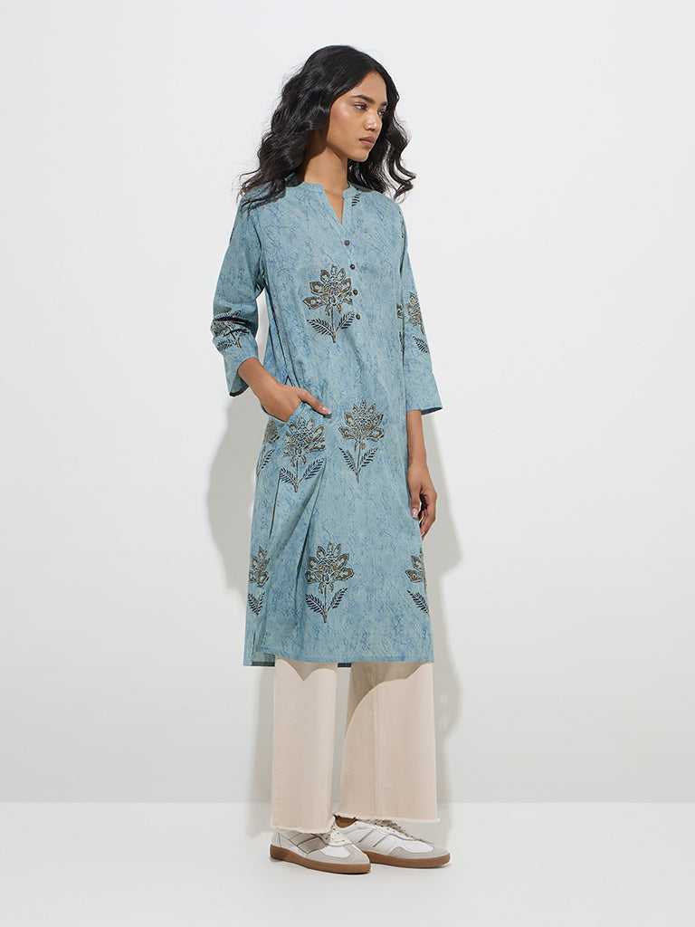Utsa Blue Floral Design Straight Cotton Kurta - Image 2