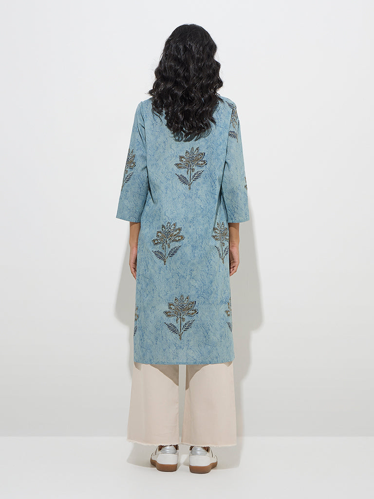 Utsa Blue Floral Design Straight Cotton Kurta - Image 4