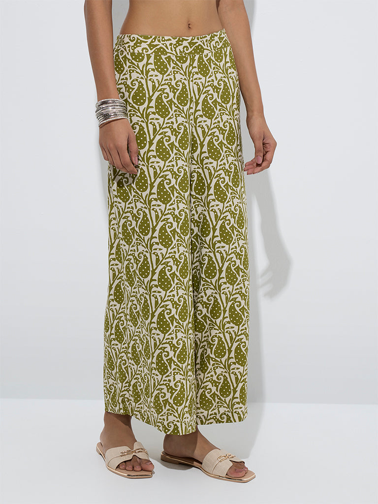 Utsa Olive Paisley Printed Palazzos - Image 2