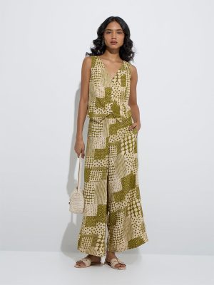 Utsa Olive Patchwork Design Palazzos