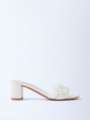 LUNA BLU White Pearlescent Block Heel Sandals