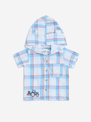 HOP Baby White Checkered Cotton Hooded Shirt