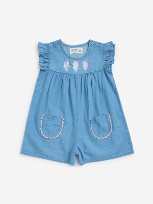 HOP Baby Blue Embroidered Denim Playsuit