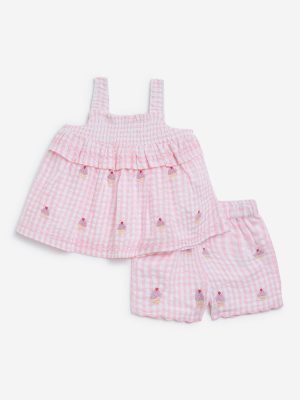 HOP Baby Pink Checkered Cotton Top with Shorts Set