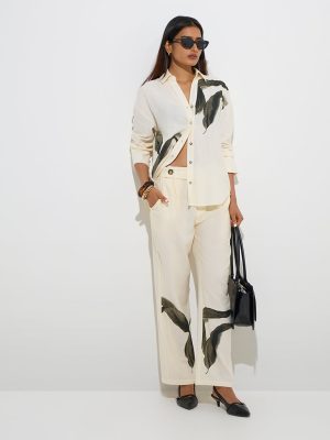 Wardrobe Cream Leaf Design Mid-Rise Trousers