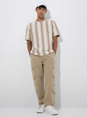Nuon Brown Striped Relaxed-Fit Cotton-Blend T-Shirt