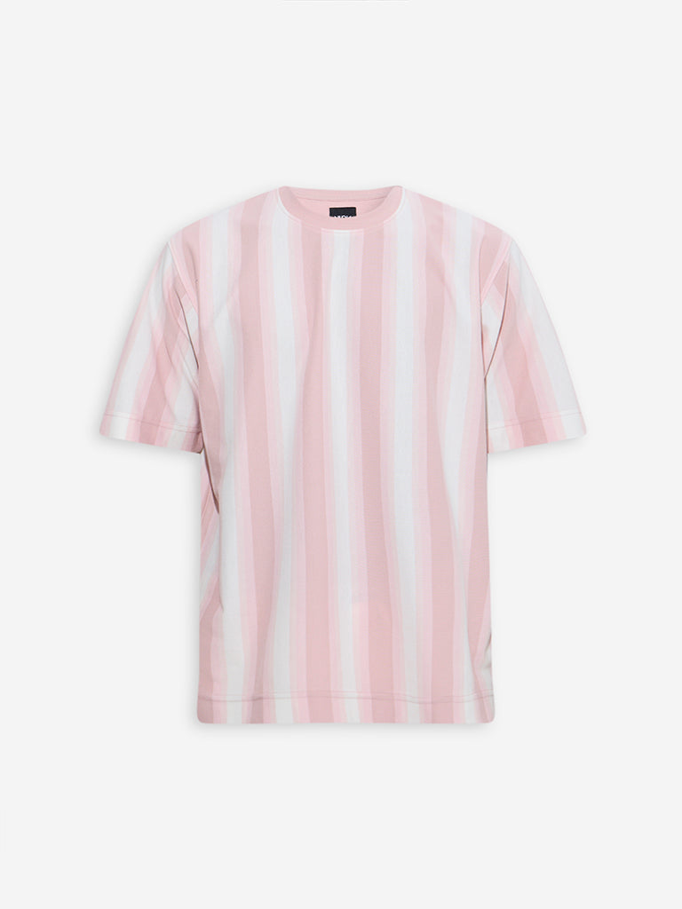 Nuon Pink Stripe Printed Relaxed-Fit Cotton-Blend T-Shirt - Image 6