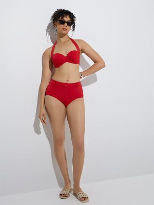 Wunderlove Swimwear Red Solid High-Waist Full Briefs